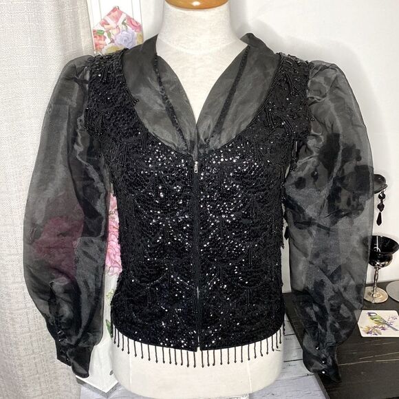 🌹 Gorgeous 100% Wool Vintage Sheer Puffed Sleeve Sequin Beaded Jacket 🌹 - Picture 3 of 10